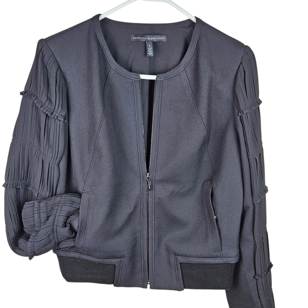 White House Black Market Jacket Size 8 Black Pleated‎ Sleeve Zip Front